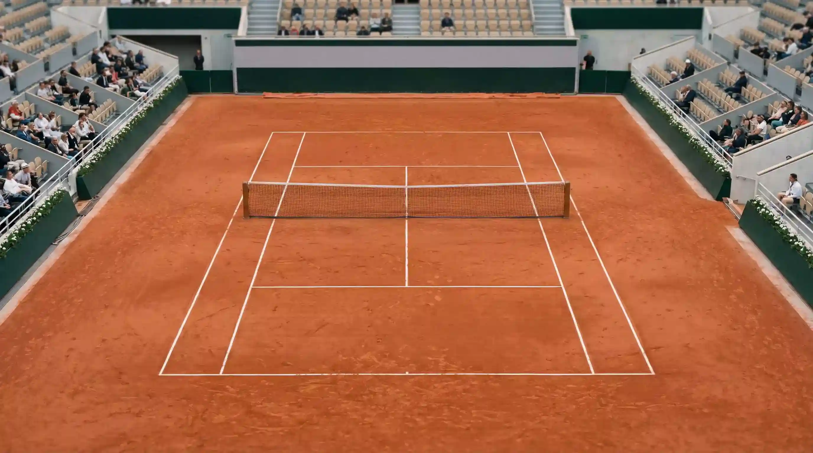 Pista de tenis de tierra batida con líneas marcadas y red, vista desde la grada