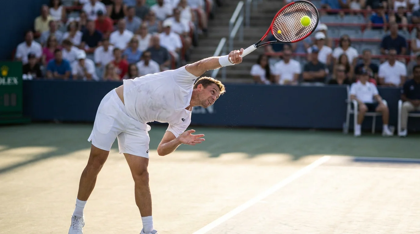 Tenista profesional ejecutando un servicio potente en un partido de competición