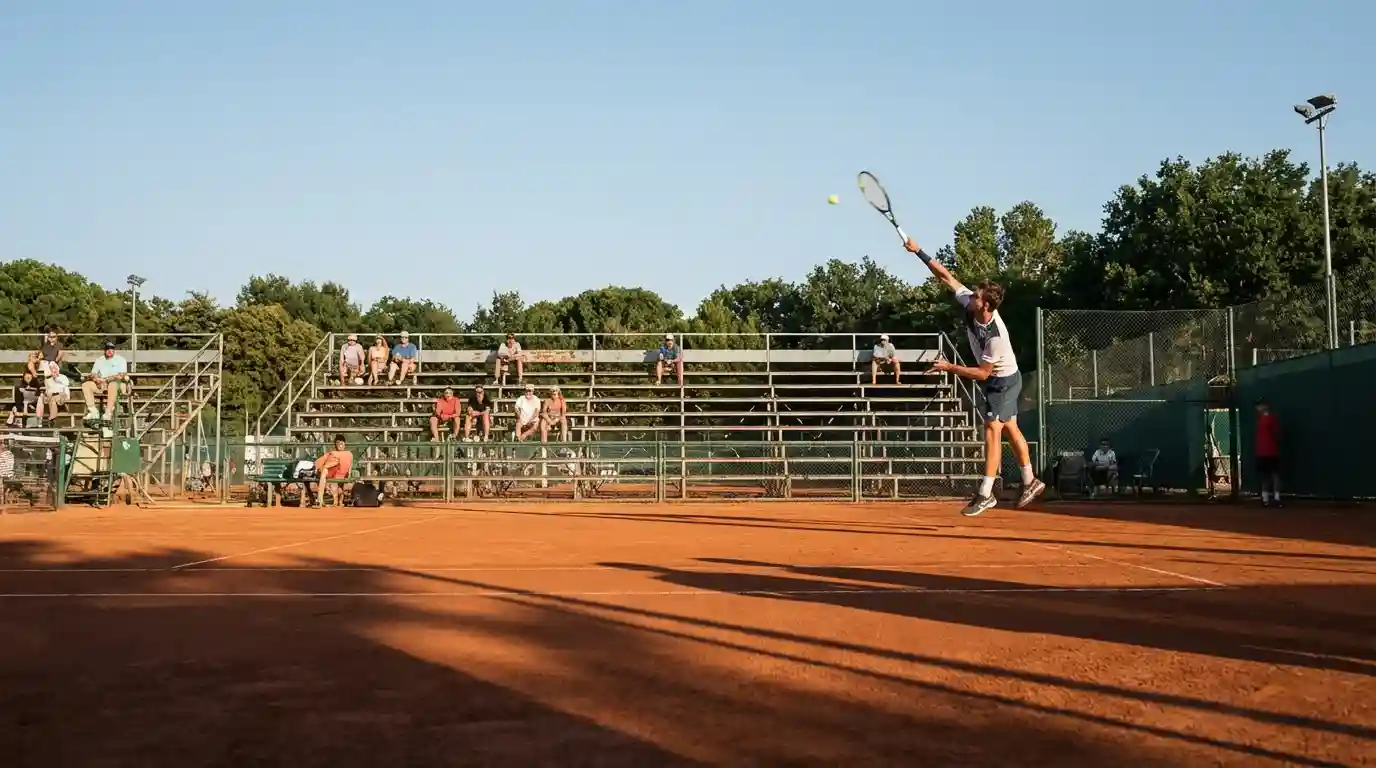 Pista de tenis de un torneo Challenger con gradas pequeñas y pocos espectadores