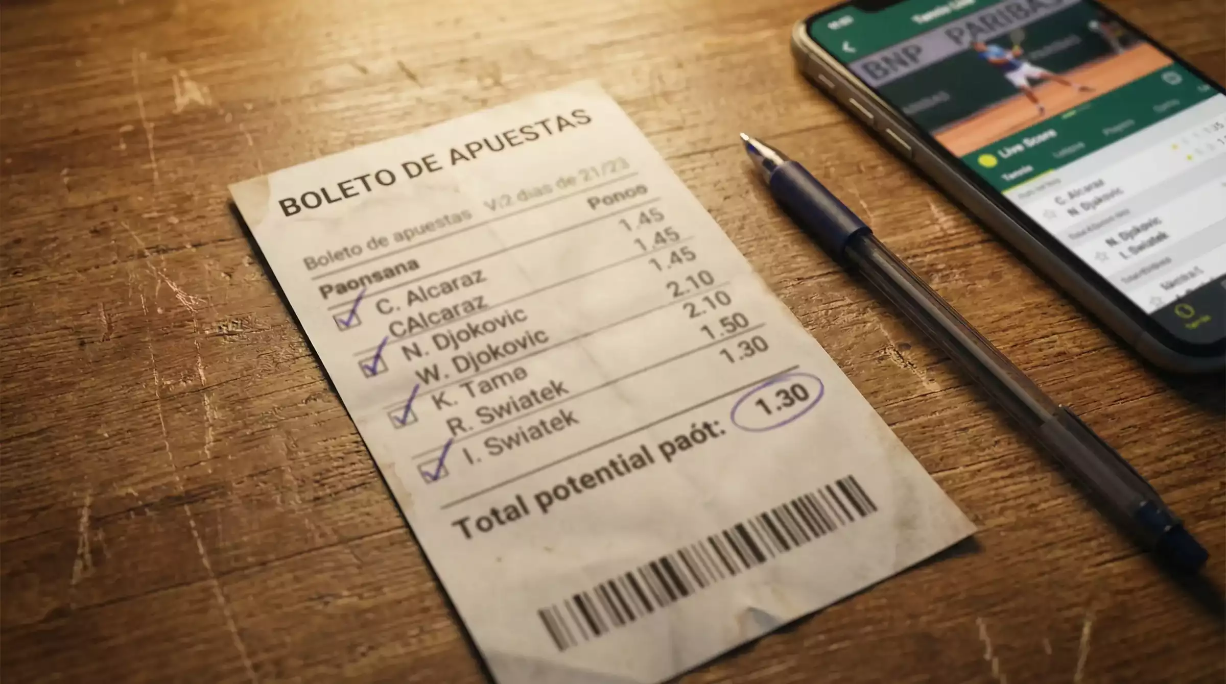 Boleto de apuesta combinada con múltiples selecciones de partidos de tenis