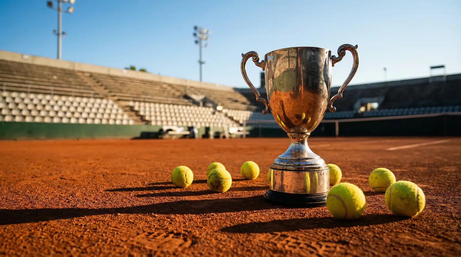 Trofeo de torneo de tenis sobre una pista de tierra batida con gradas al fondo