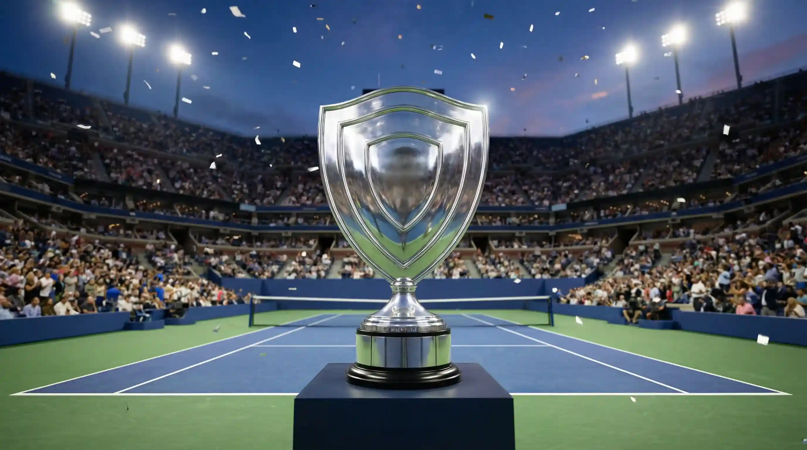 Trofeo de un torneo Masters 1000 sobre una pista de tenis con gradas llenas