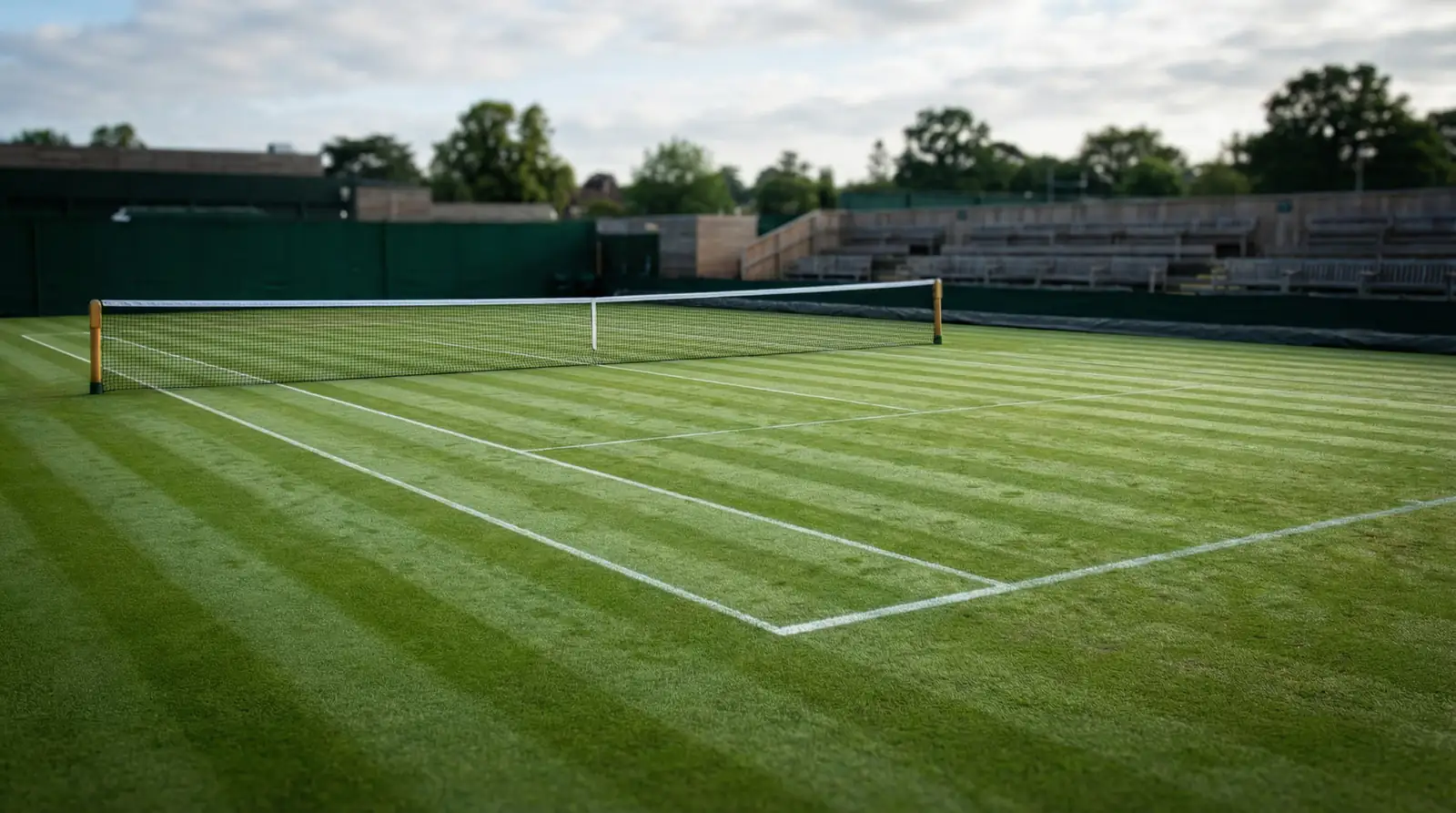 Cancha de hierba natural con red de tenis durante la temporada de césped