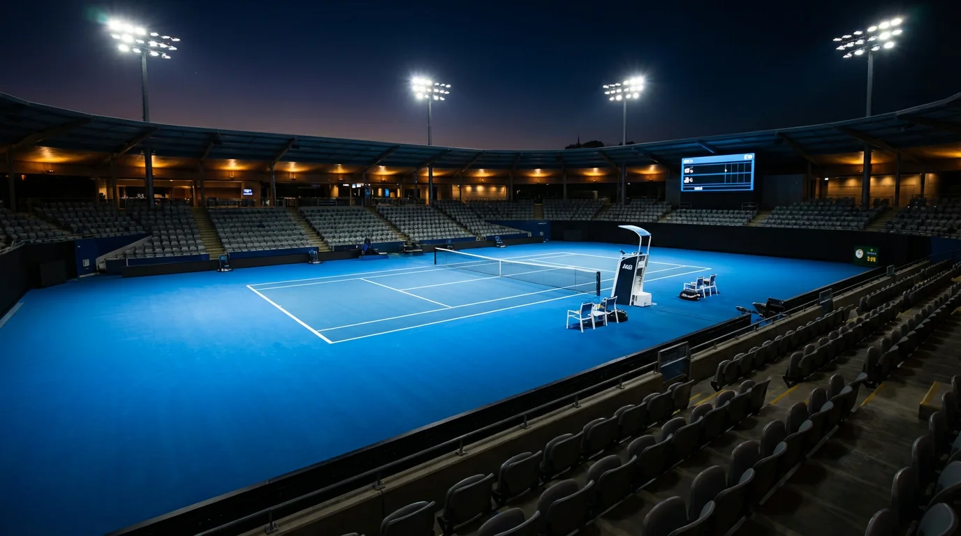 Pista dura de tenis en un torneo nocturno con iluminación artificial