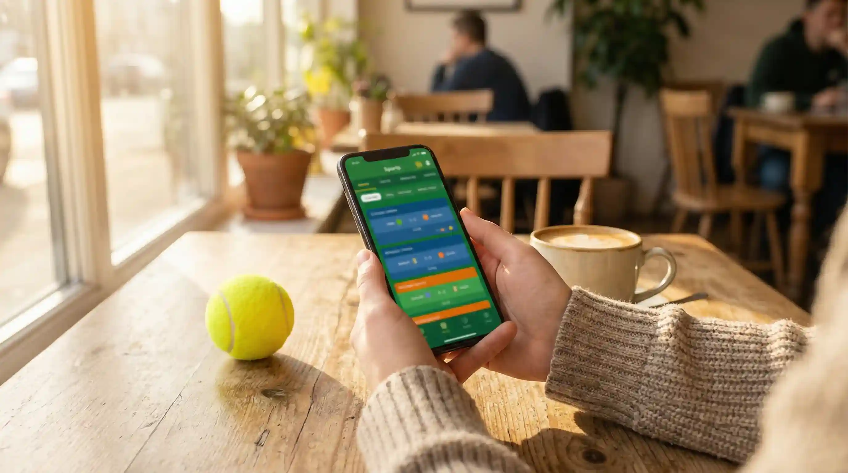Persona consultando cuotas de tenis en un móvil con una pelota de tenis sobre la mesa