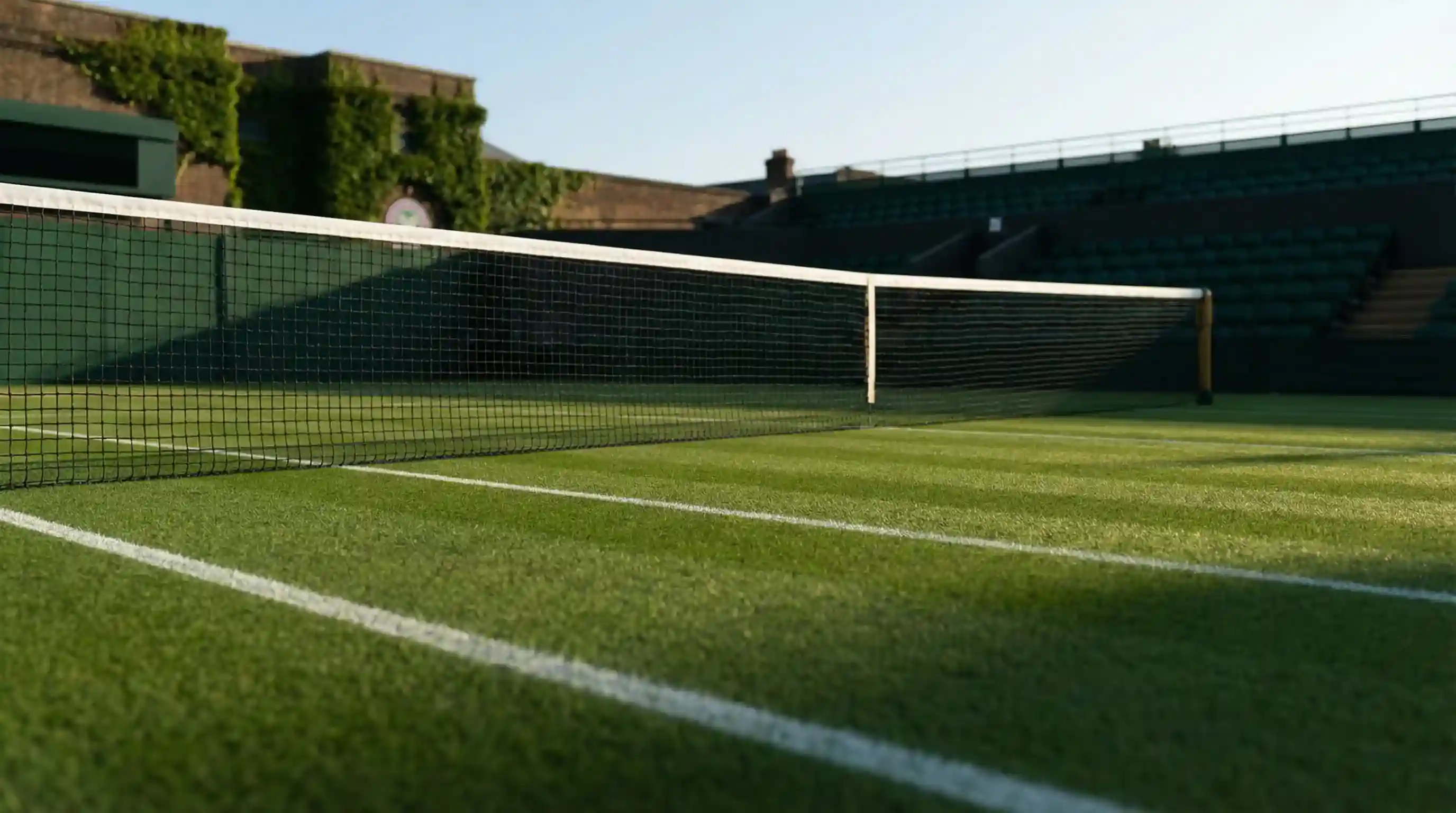 Pista de hierba de Wimbledon con la red y las líneas blancas antes de un partido