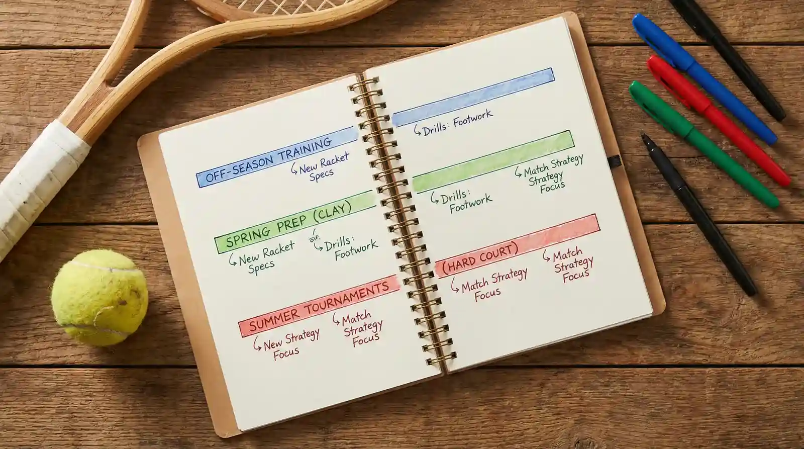 Bloc de notas abierto con planificación de temporada de tenis junto a una raqueta y pelotas