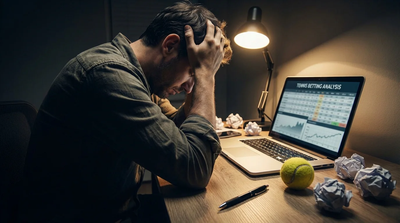 Apostador analizando estadísticas de tenis en una pantalla de ordenador con datos de partidos