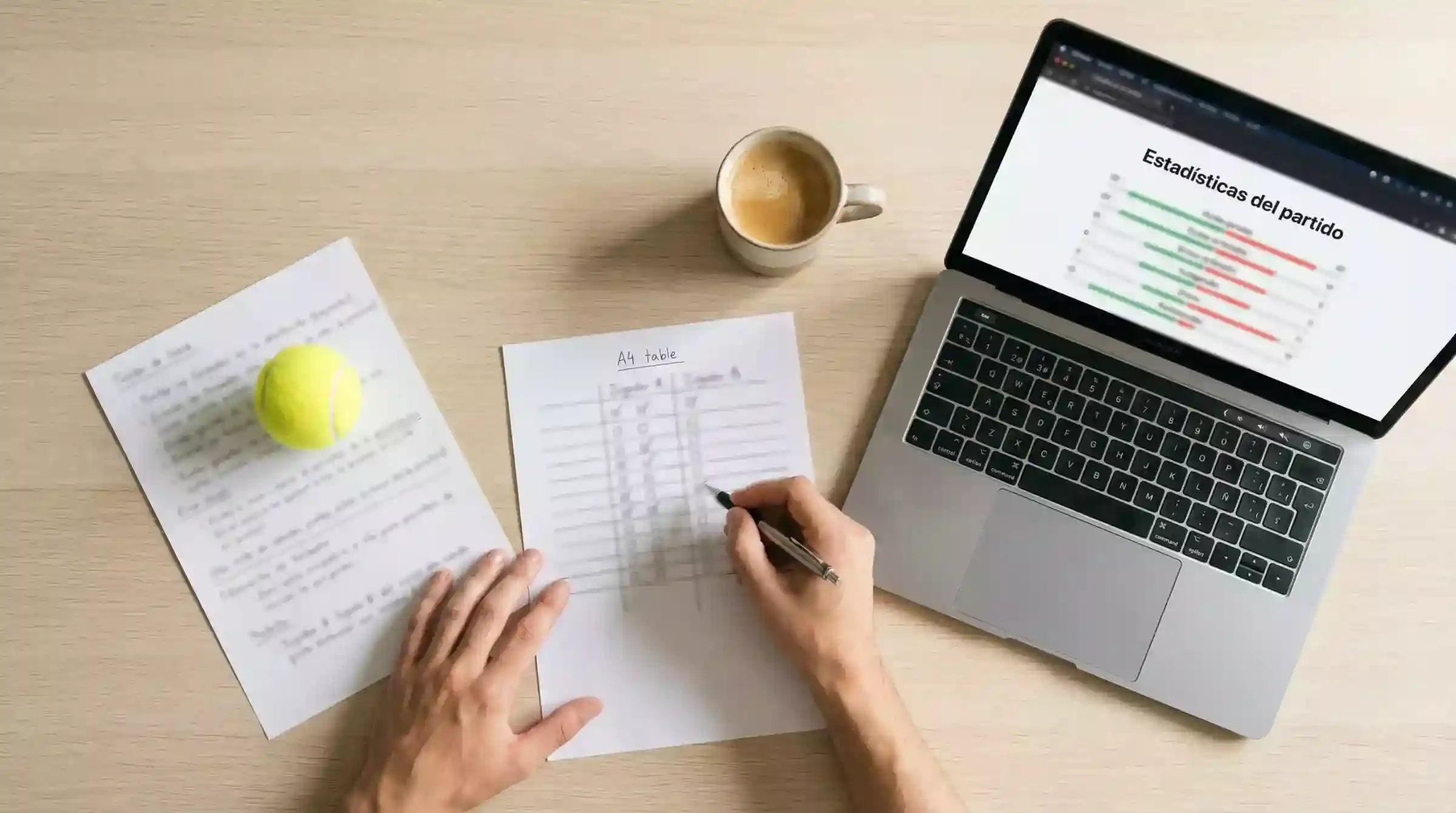 Persona analizando estadísticas de tenis en una hoja de datos con un portátil abierto