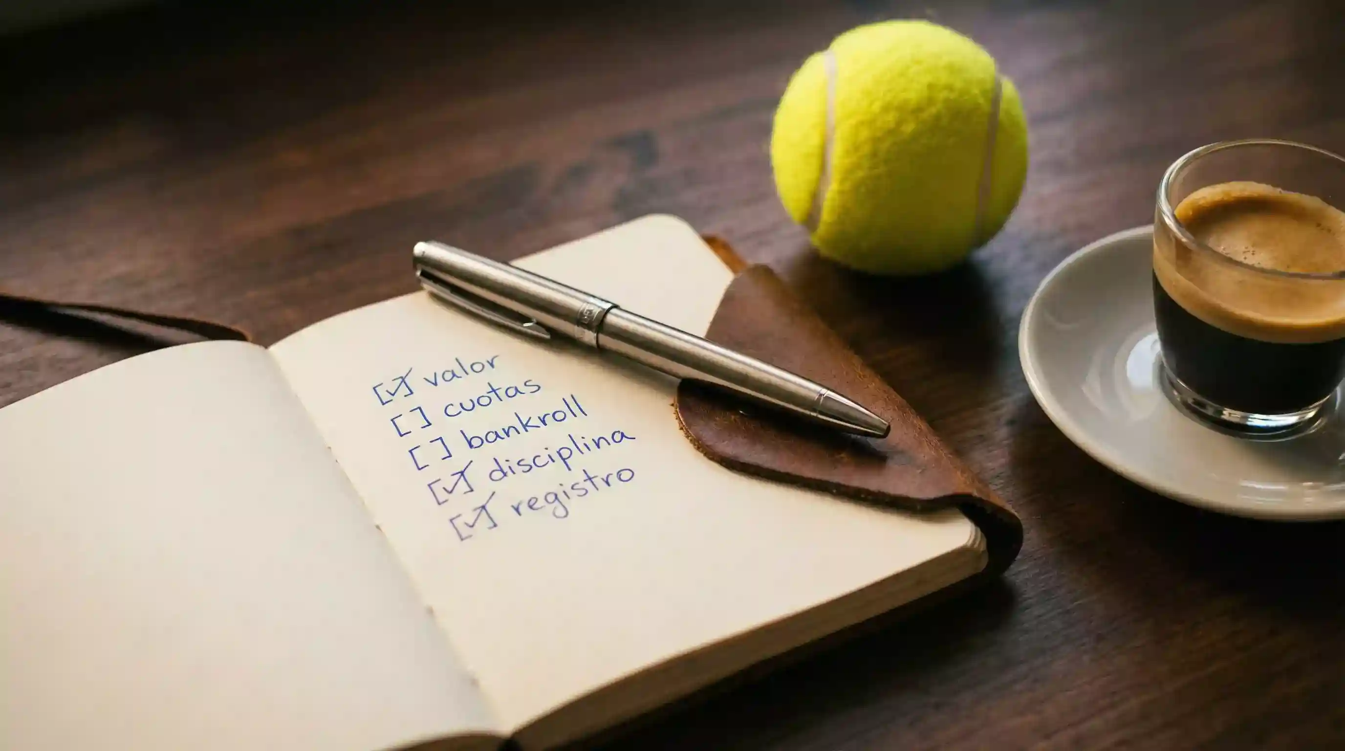 Cuaderno de notas con estrategia de apuestas y bolígrafo sobre una mesa junto a una pelota de tenis