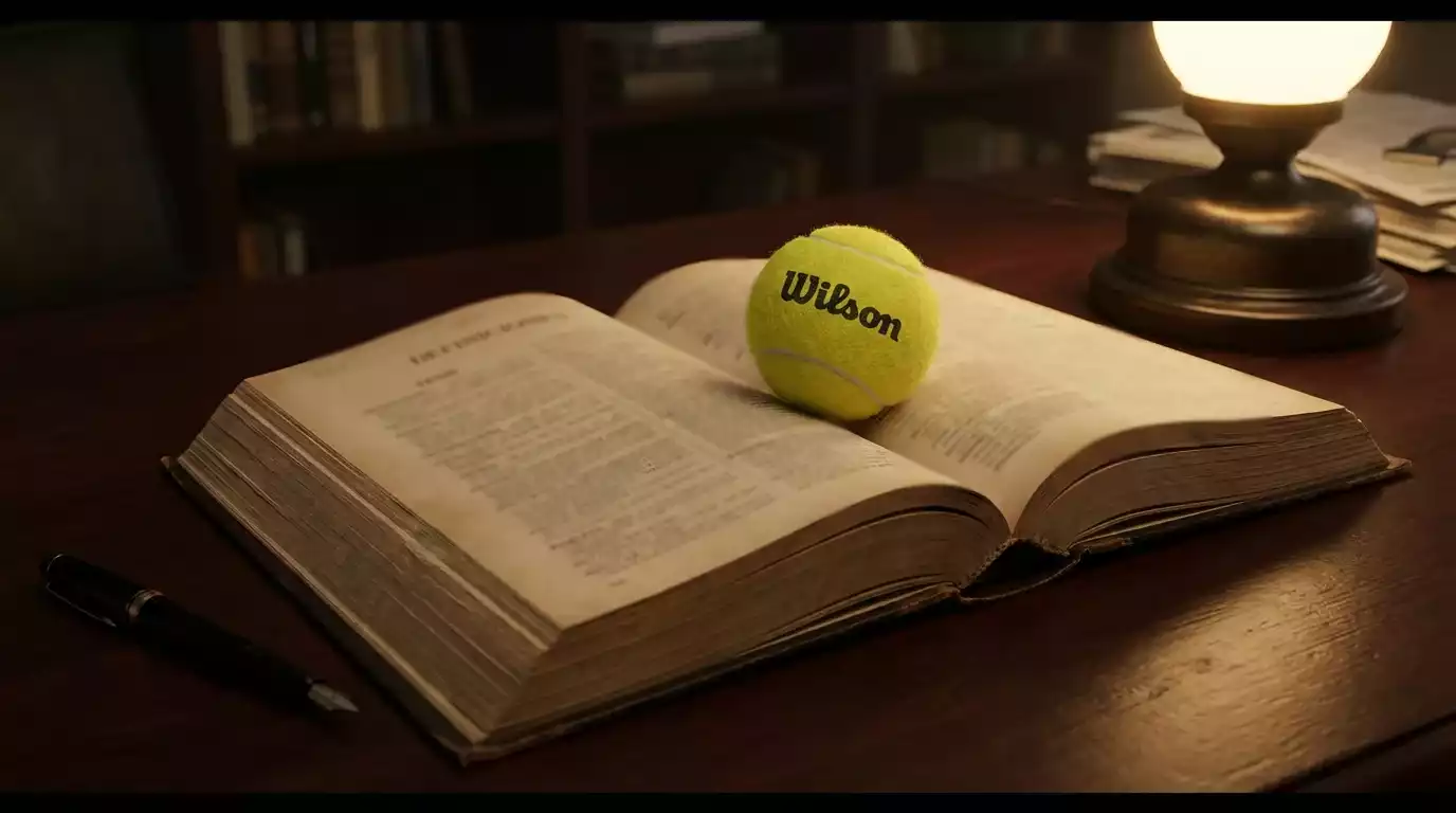 Diccionario abierto junto a una pelota de tenis y un bolígrafo sobre una mesa