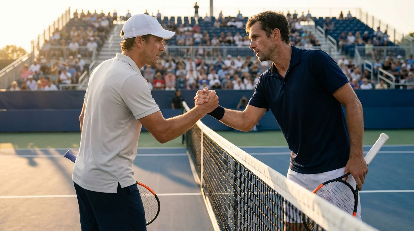 Dos tenistas profesionales frente a frente en la red antes de un partido de tenis