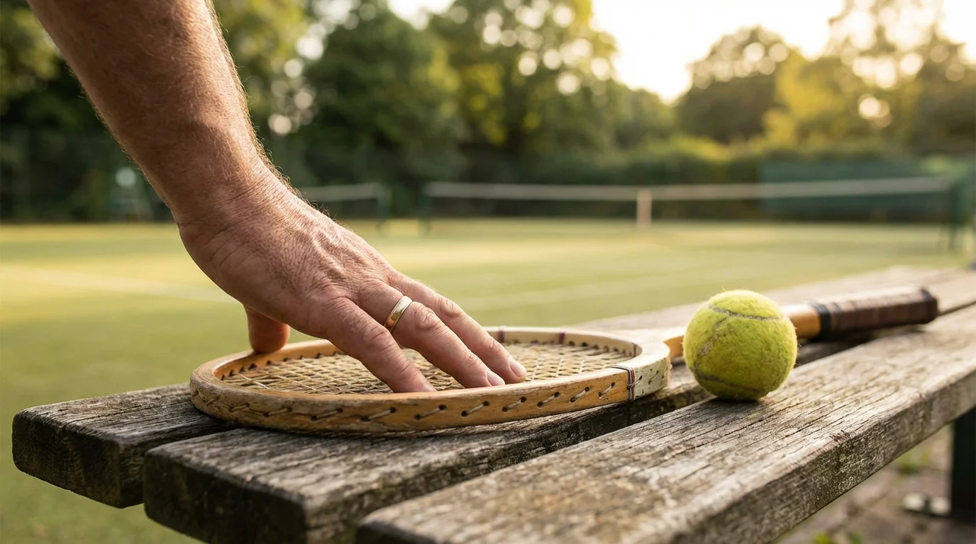 Mano de tenista apoyada sobre una raqueta junto a una pelota de tenis en ambiente sereno