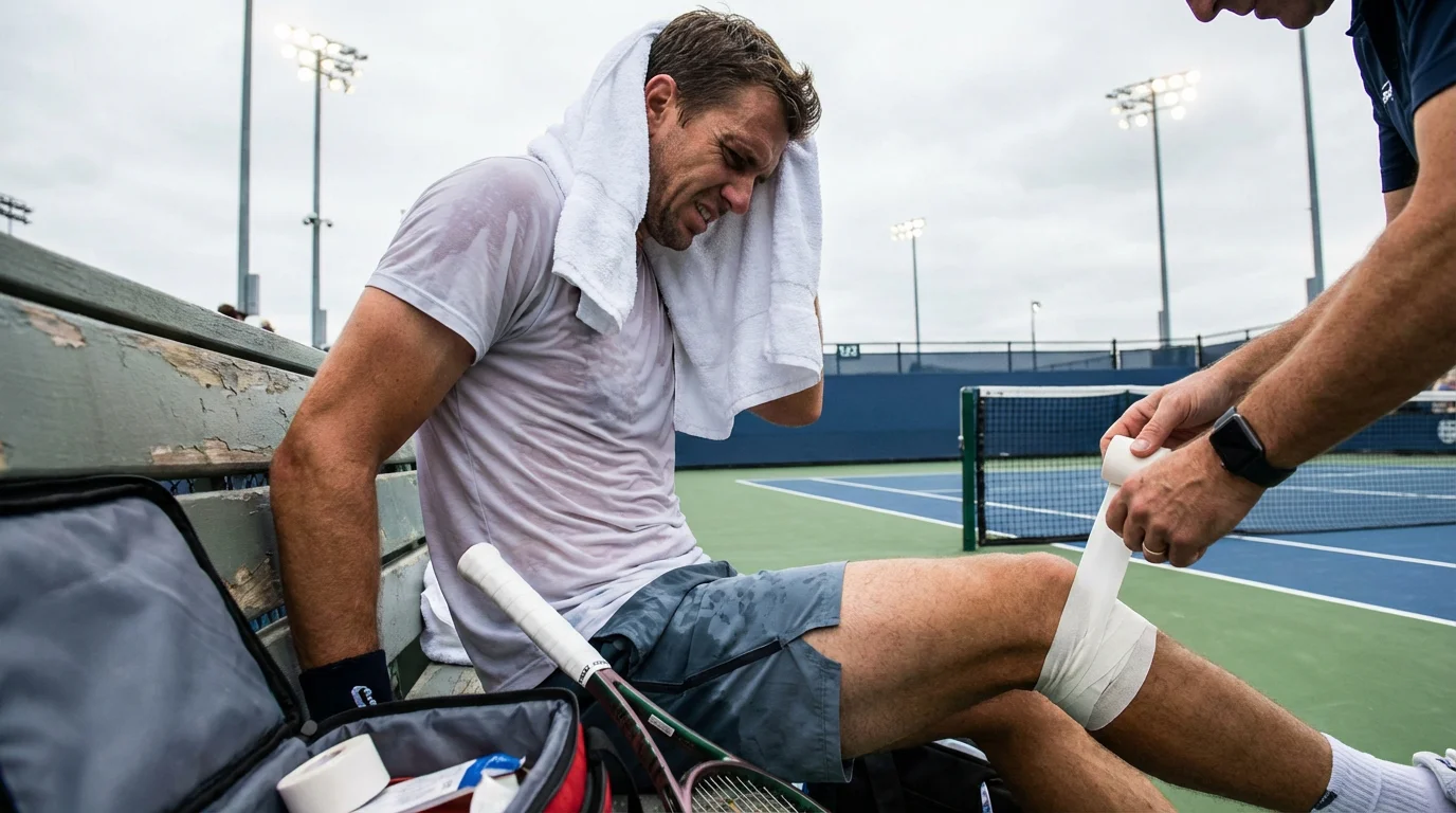Tenista profesional recibiendo atención médica durante un partido de tenis