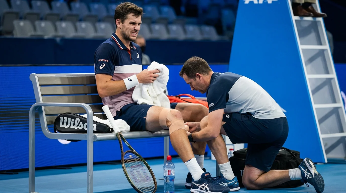 Jugador de tenis sentado en la silla de descanso con una toalla recibiendo atención médica