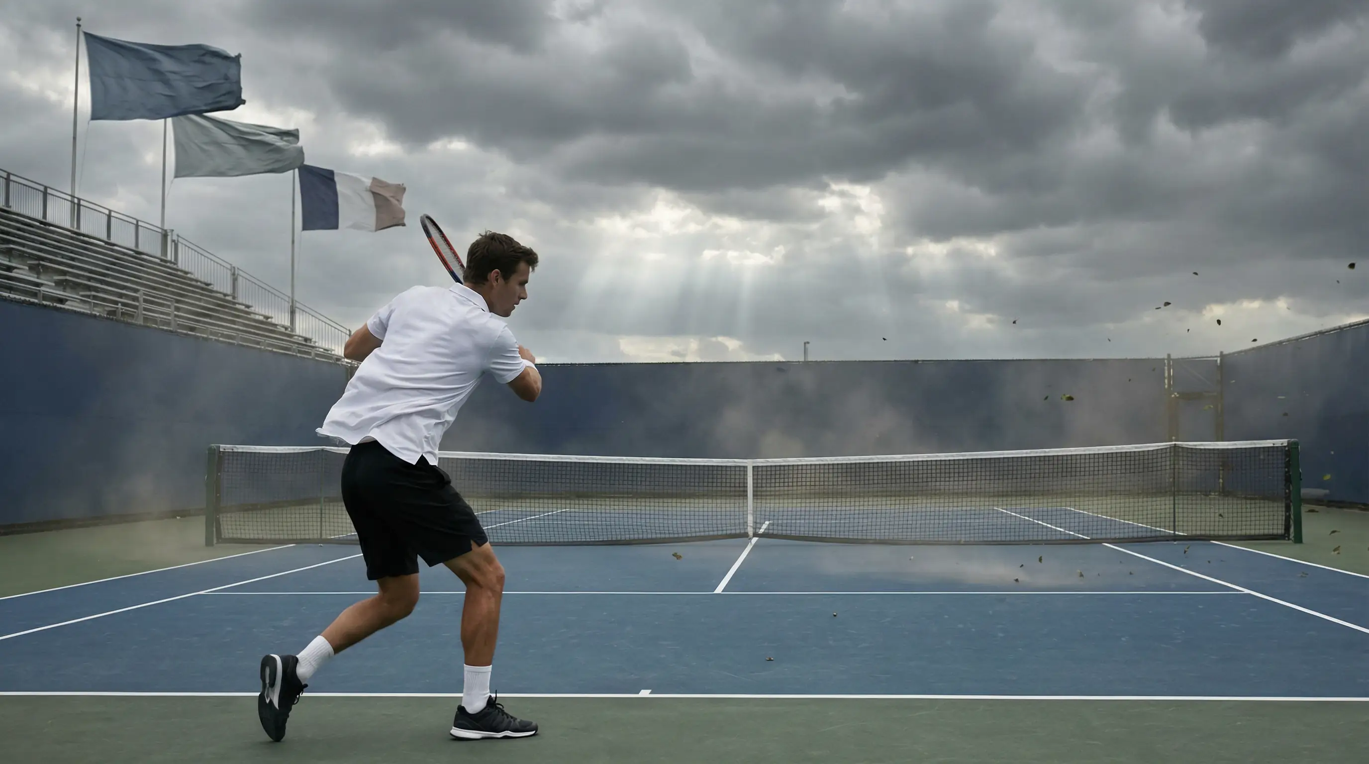 Partido de tenis al aire libre con nubes y viento visible en las banderas del estadio