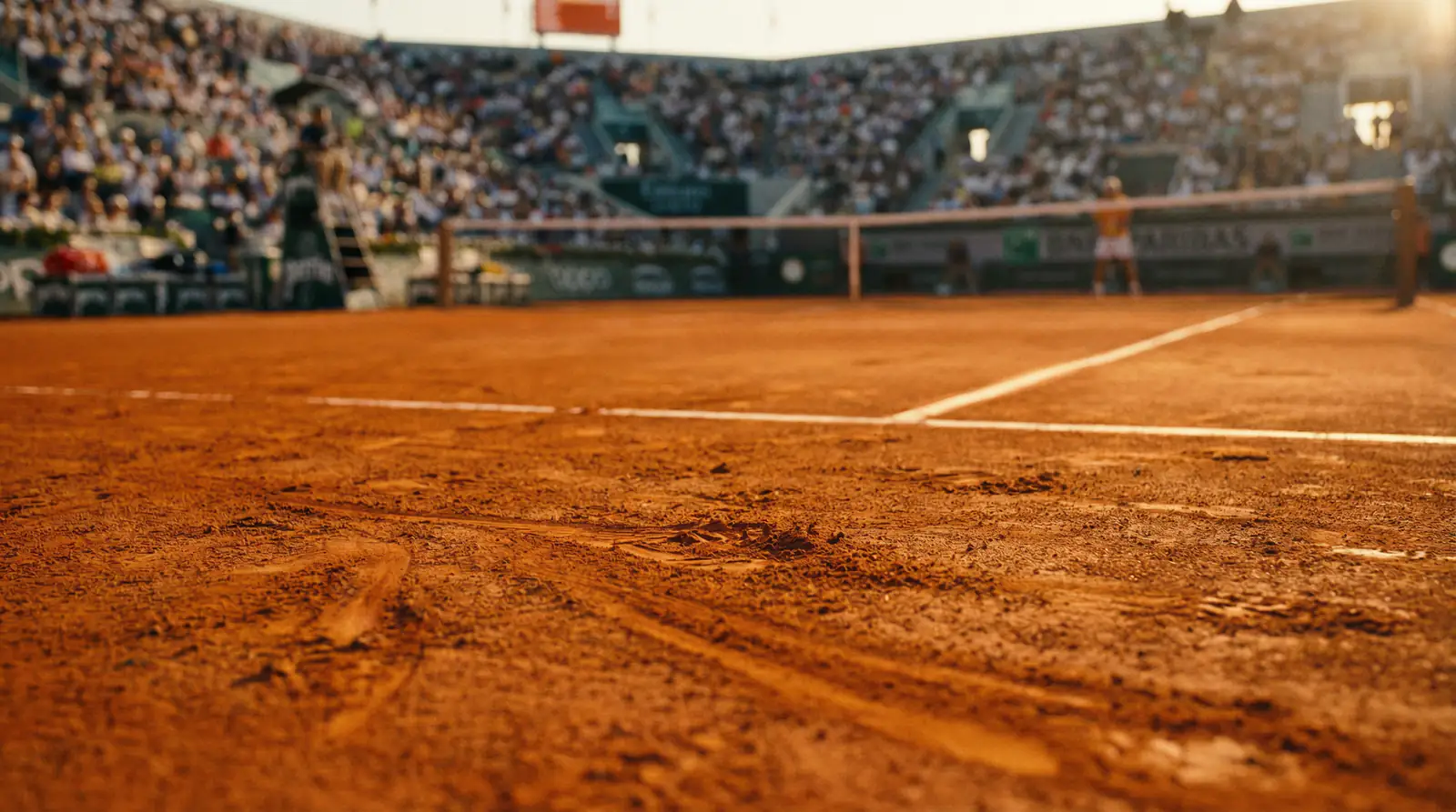 Pista de tierra batida con las líneas marcadas durante un torneo de tenis profesional