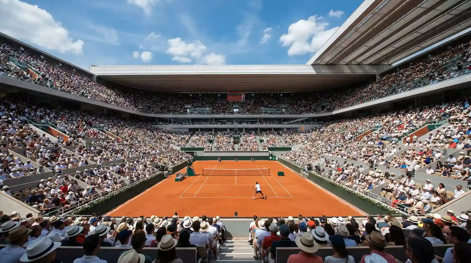Vista panorámica de un estadio de tenis Grand Slam lleno de espectadores durante un partido